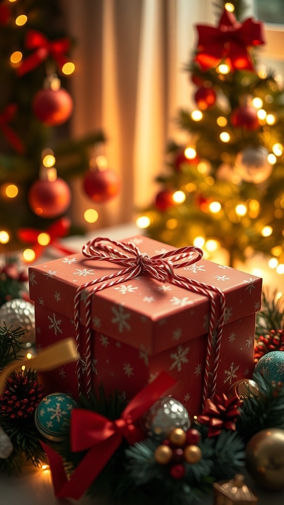 A festive Christmas gift box with decorations and a Christmas tree.